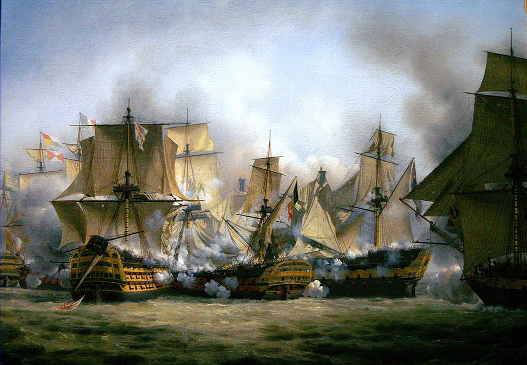 Redoutable fighting the Temeraire and HMS Victory by Louis Philippe Crepin Oil Paintings